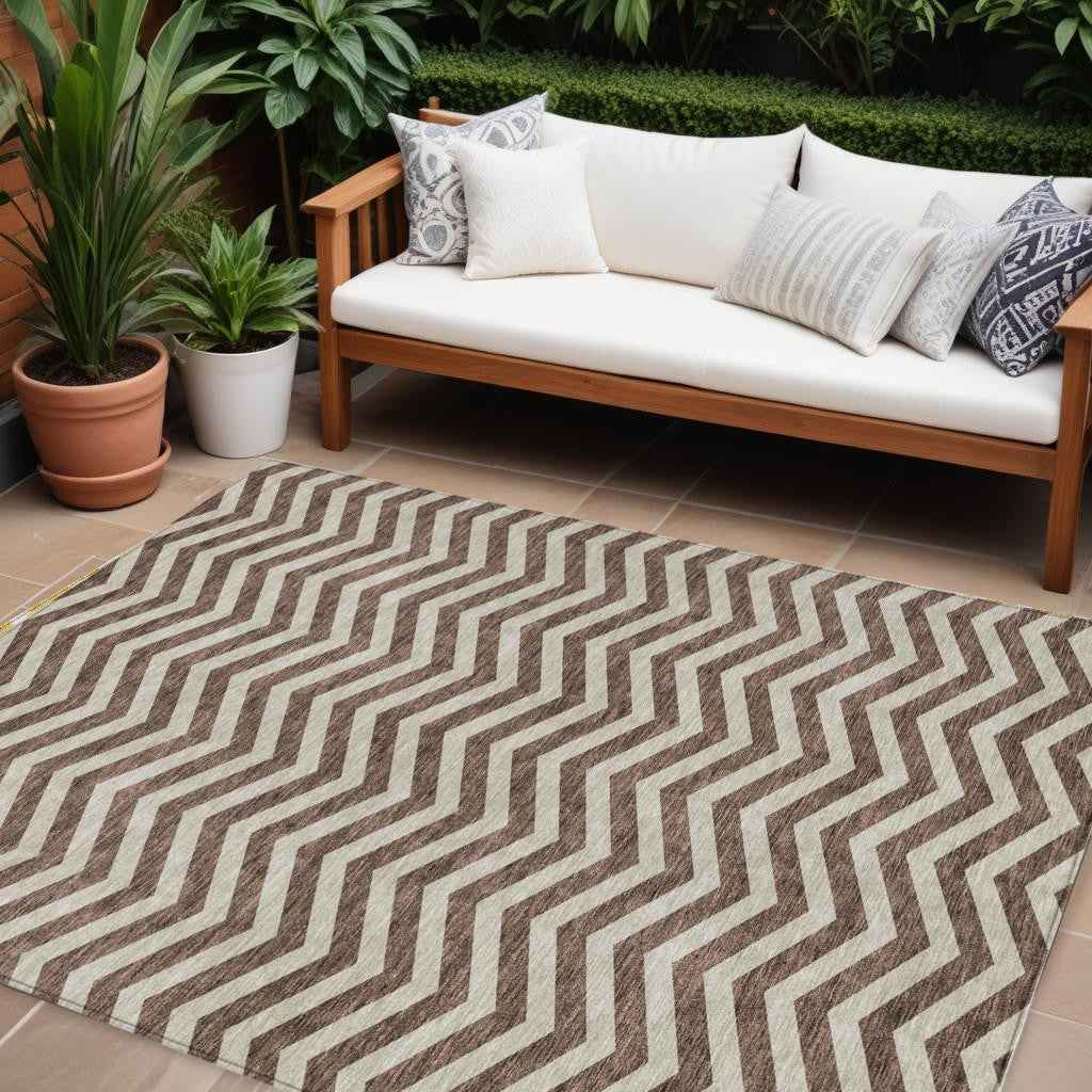 8' X 10' Brown And Beige Chevron Washable Indoor Outdoor Area Rug