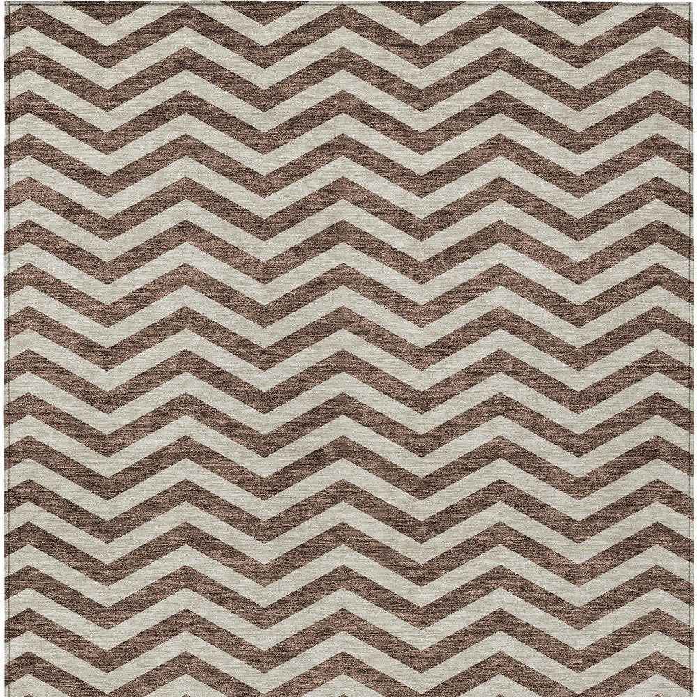8' X 10' Brown And Beige Chevron Washable Indoor Outdoor Area Rug