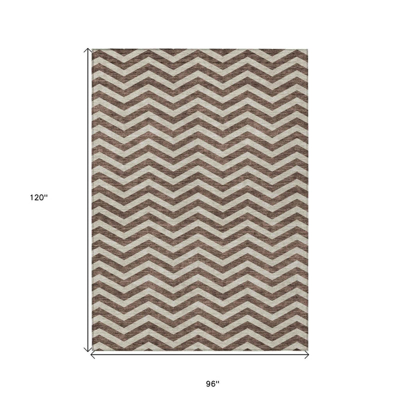 8' X 10' Brown And Beige Chevron Washable Indoor Outdoor Area Rug