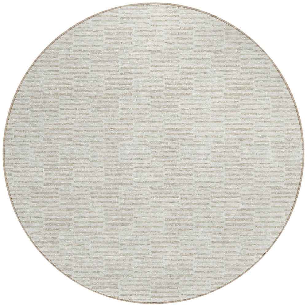 8' Ivory And Beige Round Geometric Washable Indoor Outdoor Area Rug
