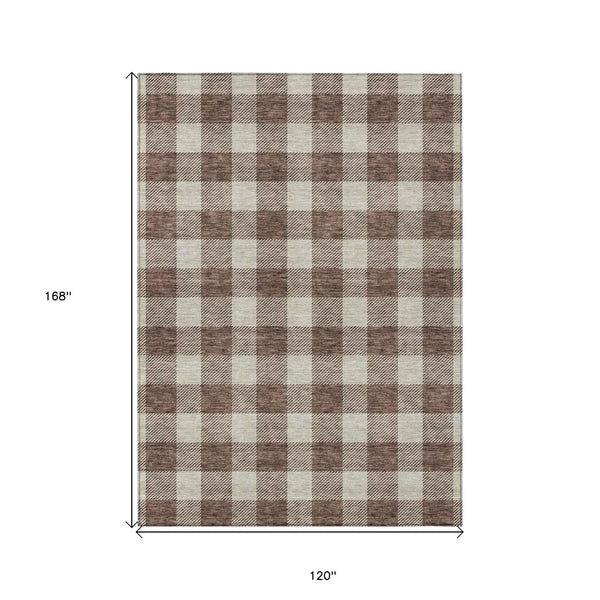 10' X 14' Brown And Beige Plaid Washable Indoor Outdoor Area Rug