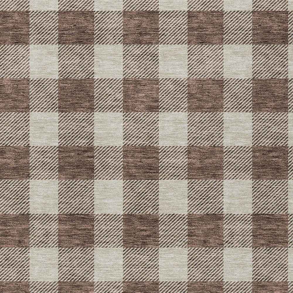 10' X 14' Brown And Beige Plaid Washable Indoor Outdoor Area Rug