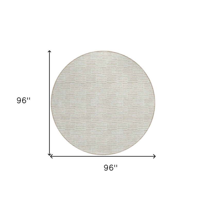 8' Ivory And Beige Round Geometric Washable Indoor Outdoor Area Rug