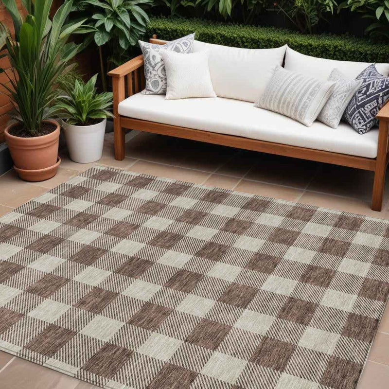10' X 14' Brown And Beige Plaid Washable Indoor Outdoor Area Rug