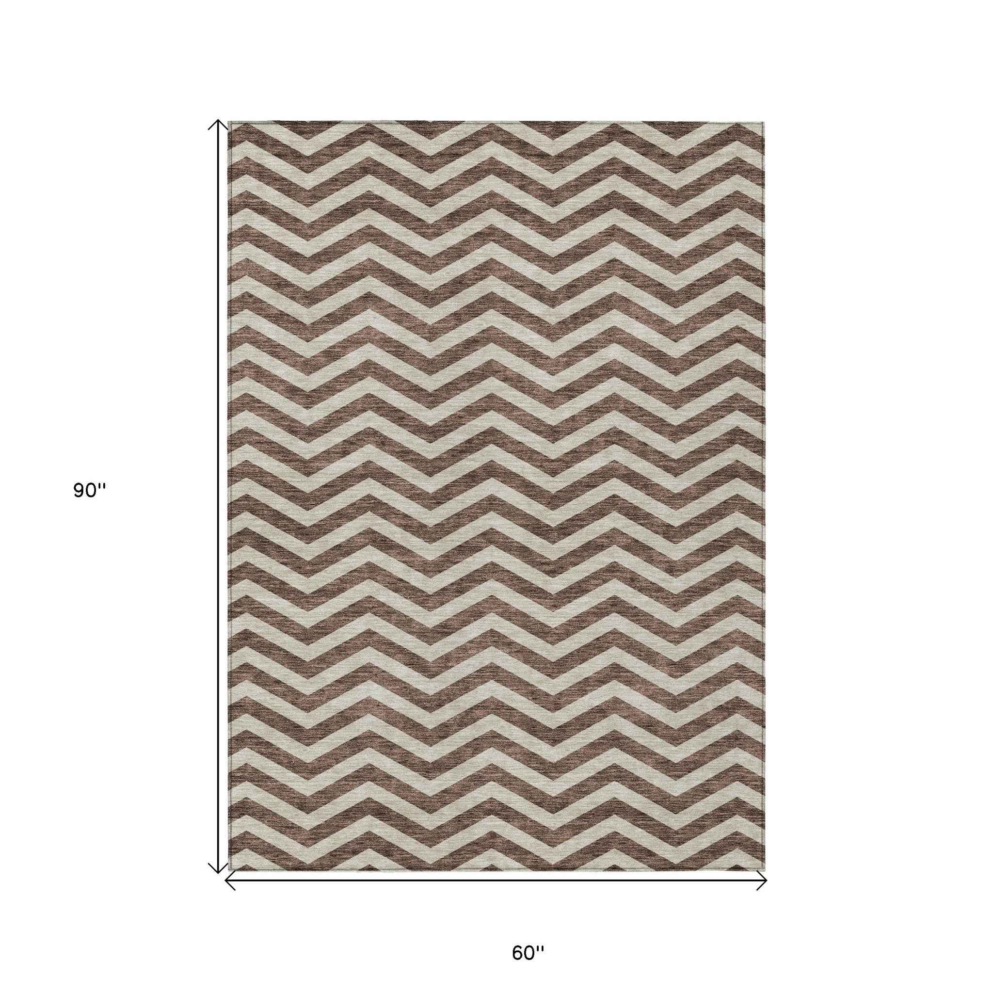 5' X 8' Brown And Beige Chevron Washable Indoor Outdoor Area Rug