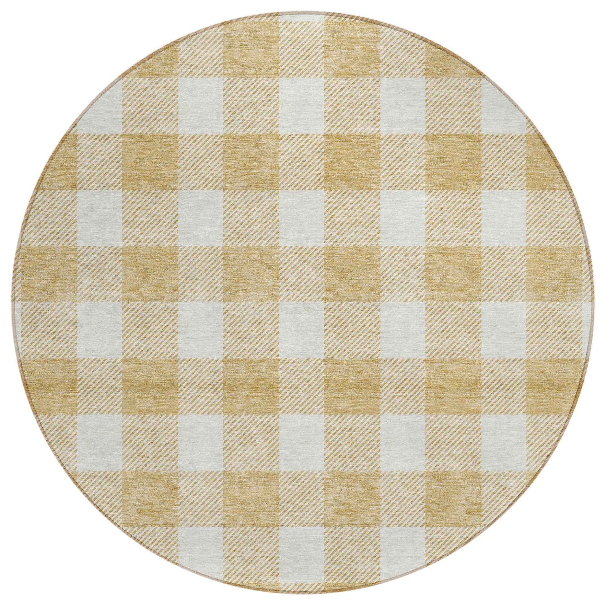 8' Gold And Beige Round Plaid Washable Indoor Outdoor Area Rug