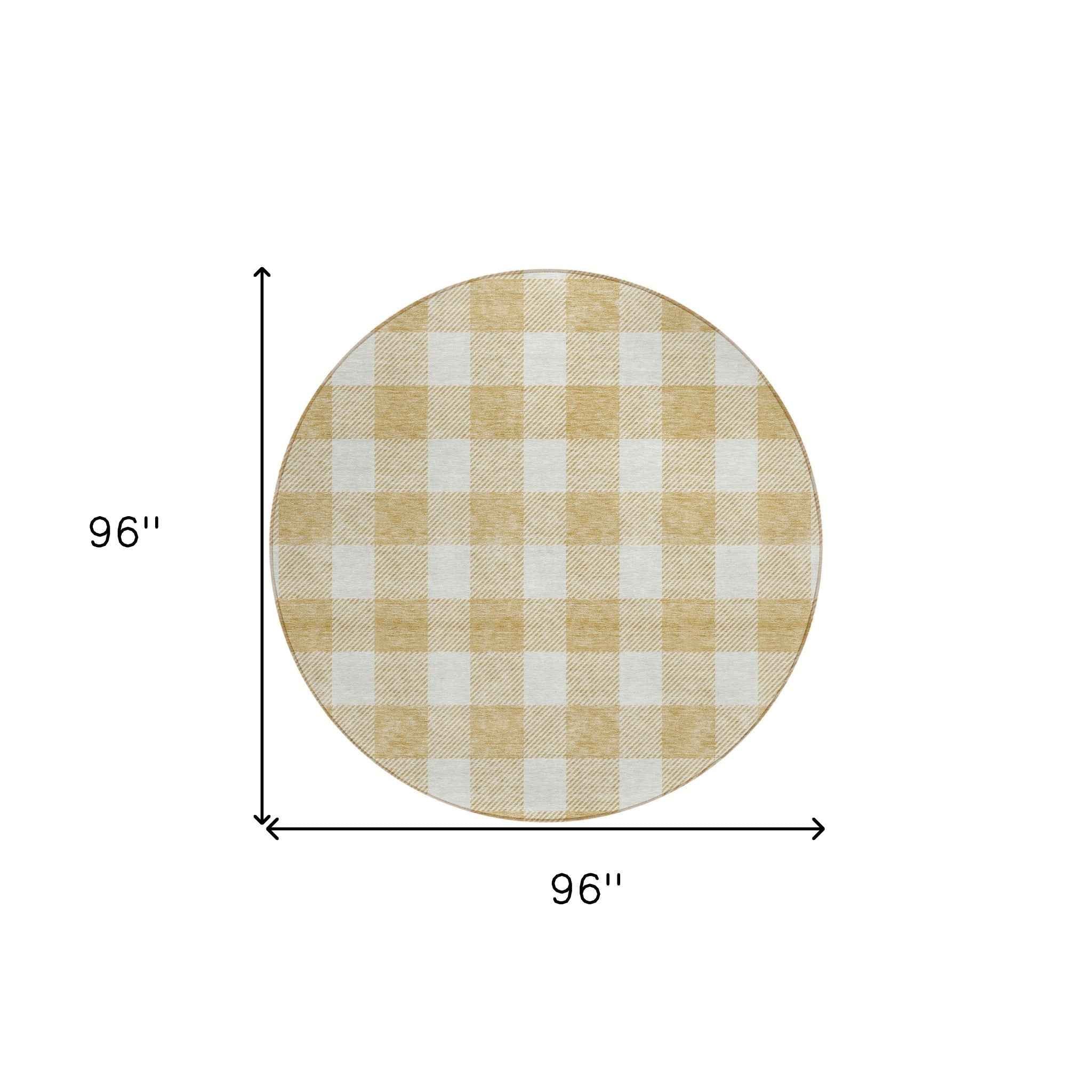 8' Gold And Beige Round Plaid Washable Indoor Outdoor Area Rug