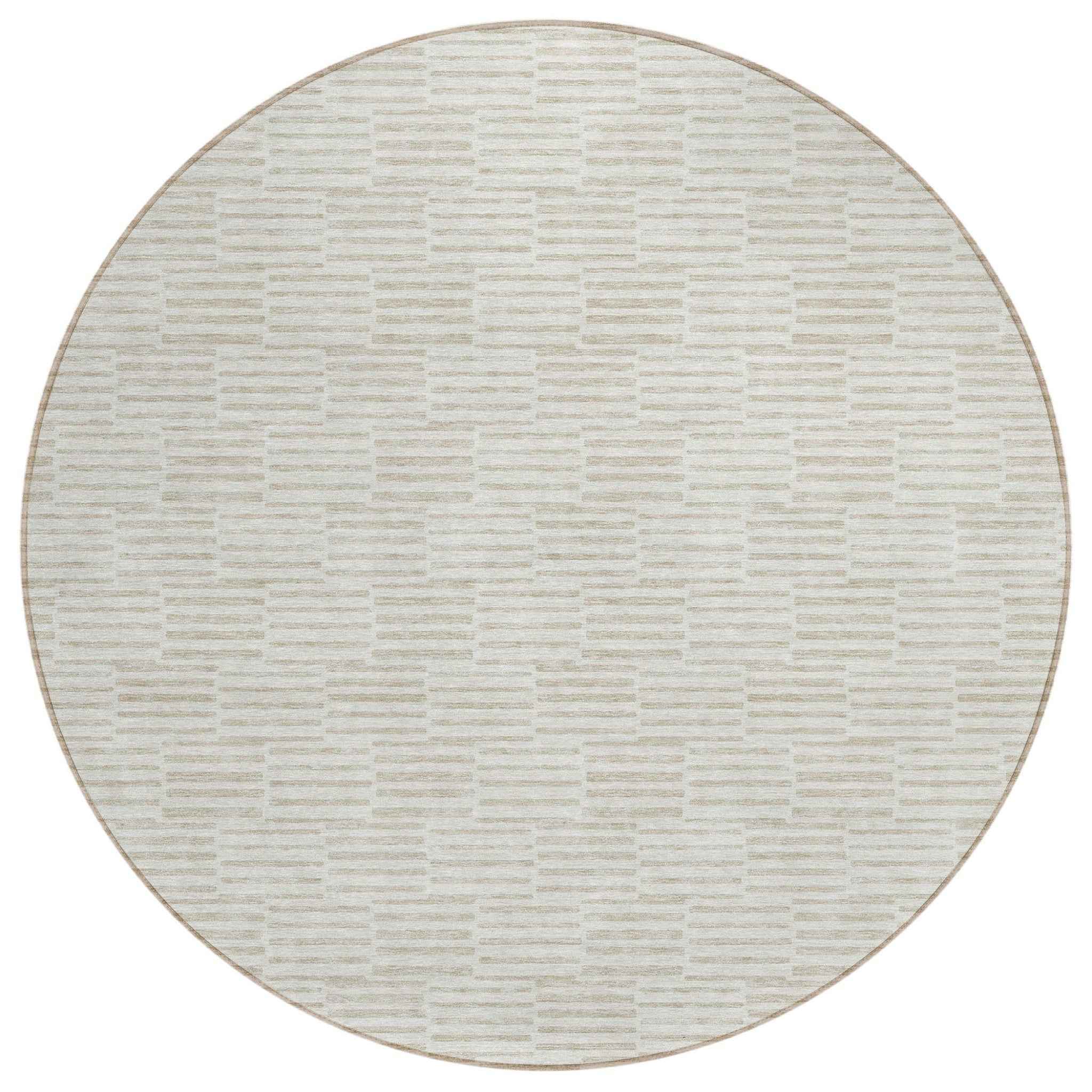 8' Ivory And Beige Round Geometric Washable Indoor Outdoor Area Rug