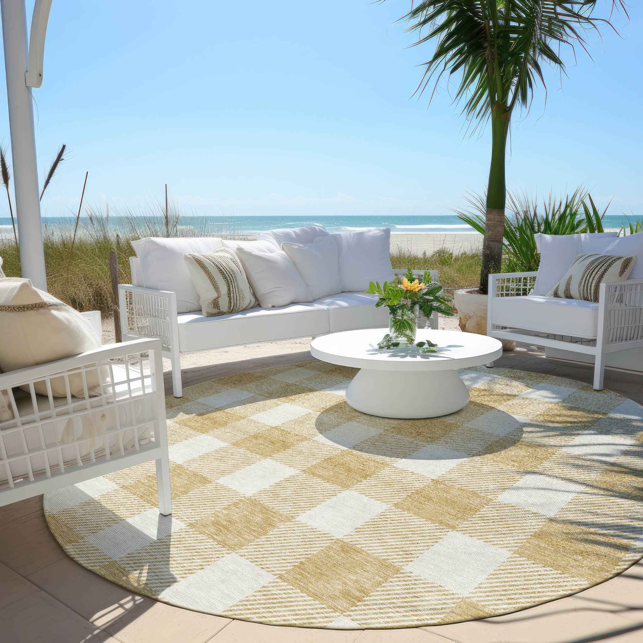 8' Gold And Beige Round Plaid Washable Indoor Outdoor Area Rug