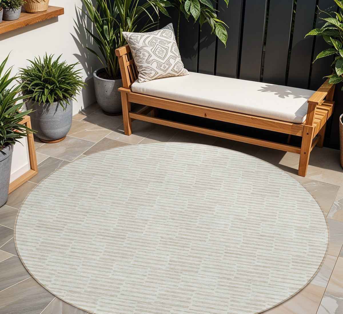 8' Ivory And Beige Round Geometric Washable Indoor Outdoor Area Rug