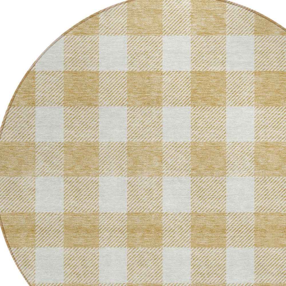 8' Gold And Beige Round Plaid Washable Indoor Outdoor Area Rug