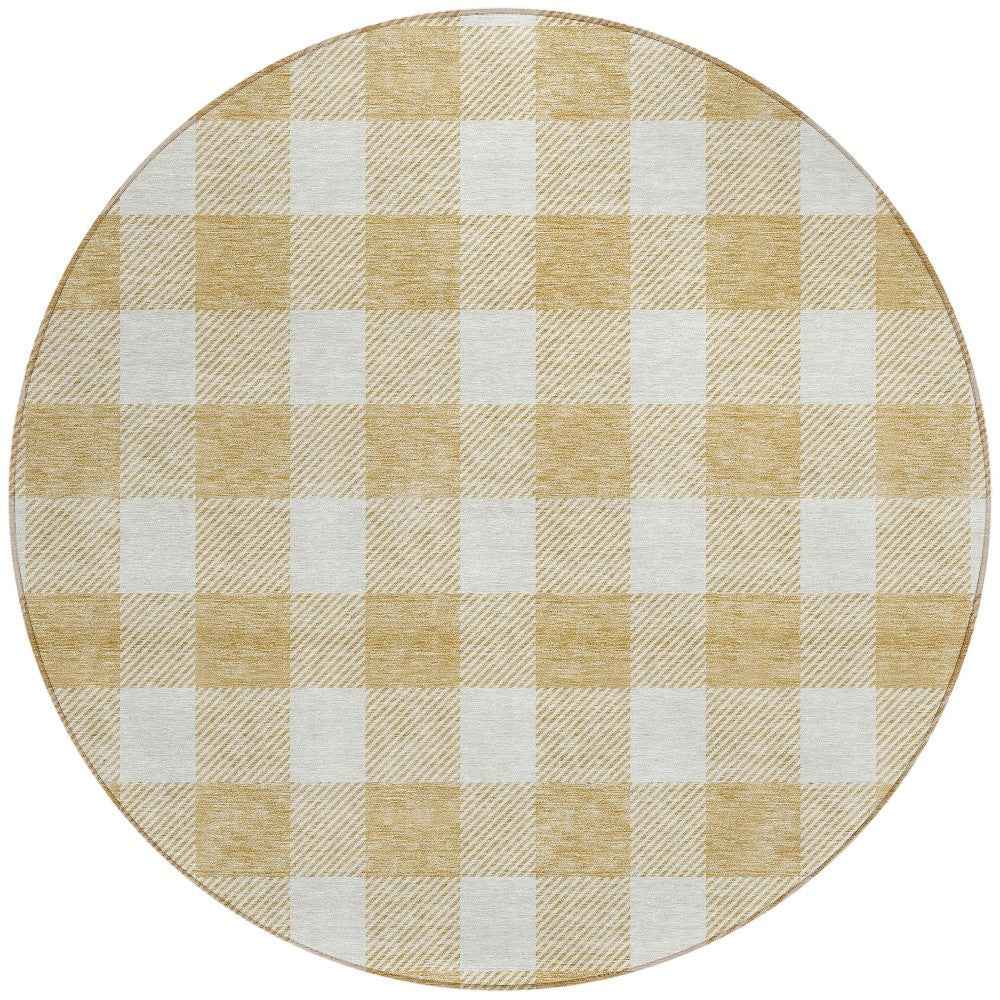 8' Gold And Beige Round Plaid Washable Indoor Outdoor Area Rug