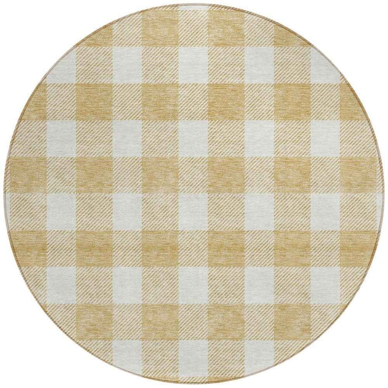 8' Gold And Beige Round Plaid Washable Indoor Outdoor Area Rug