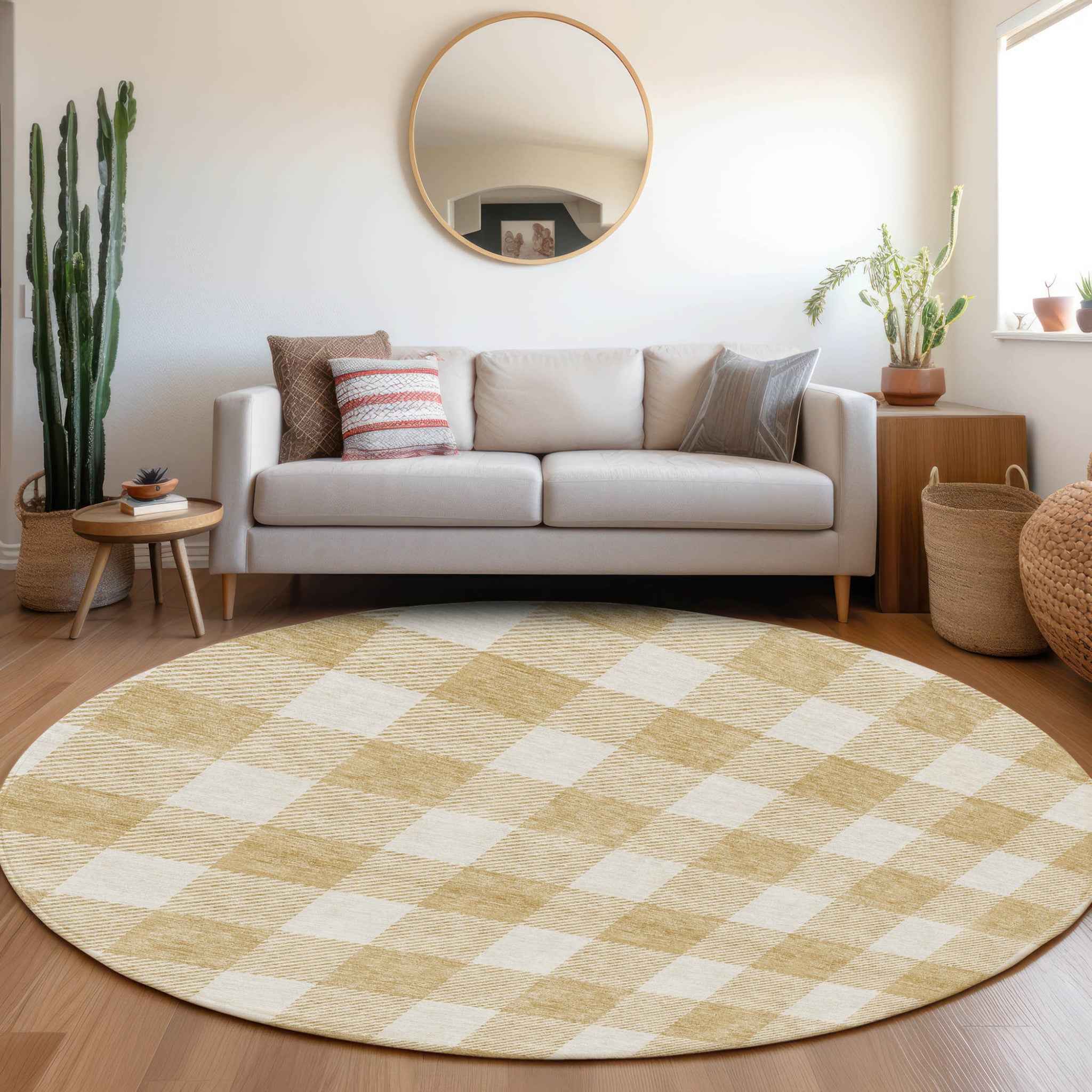 8' Gold And Beige Round Plaid Washable Indoor Outdoor Area Rug