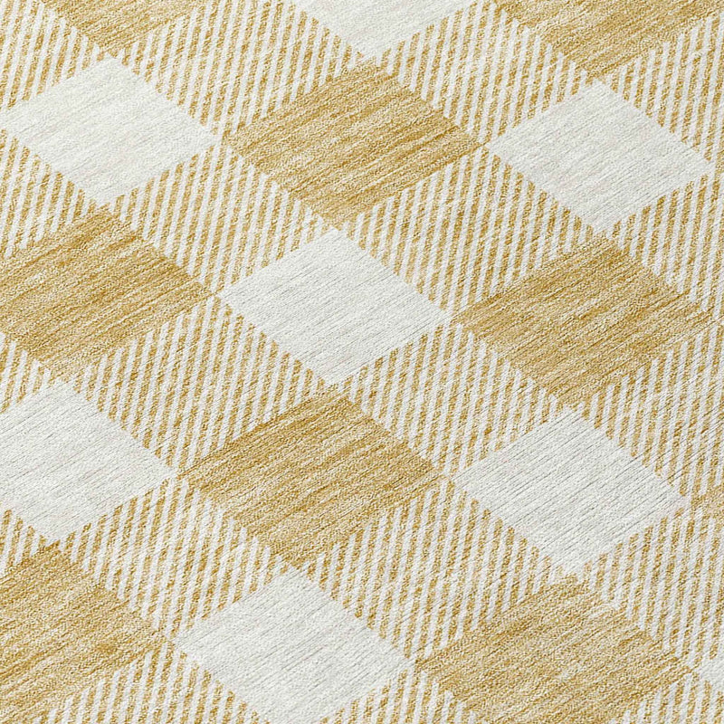 8' Gold And Beige Round Plaid Washable Indoor Outdoor Area Rug