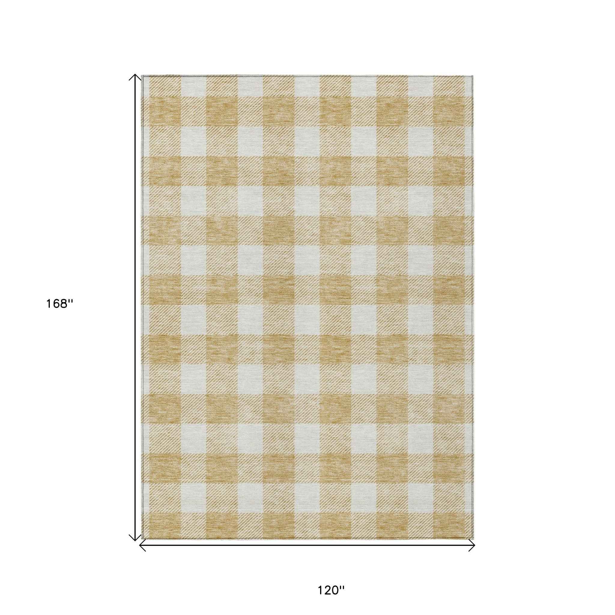 10' X 14' Gold And Beige Plaid Washable Indoor Outdoor Area Rug