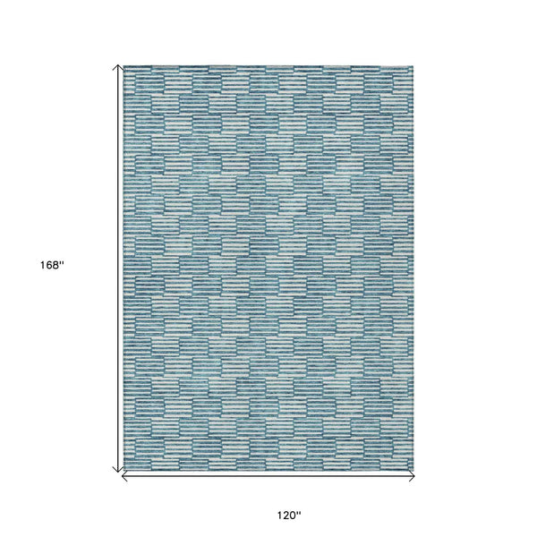 10' X 14' Teal Blue And Ivory Geometric Washable Indoor Outdoor Area Rug