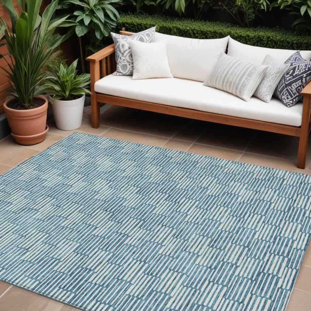 10' X 14' Teal Blue And Ivory Geometric Washable Indoor Outdoor Area Rug