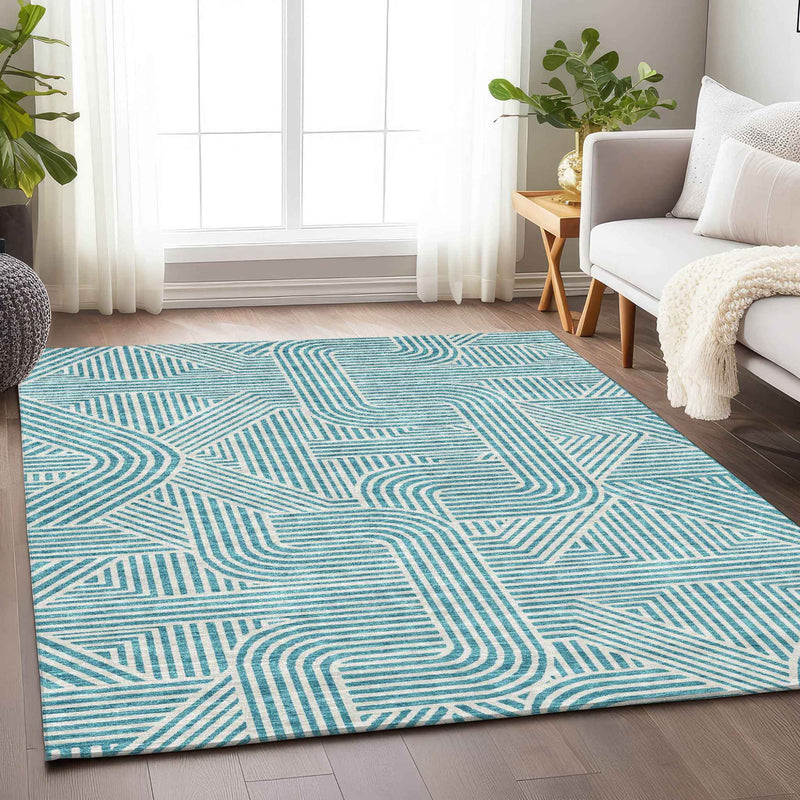 8' X 10' Teal Blue And Ivory Abstract Washable Indoor Outdoor Area Rug