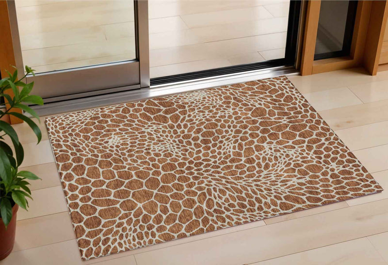 3' X 5' Brown And Beige Geometric Washable Indoor Outdoor Area Rug