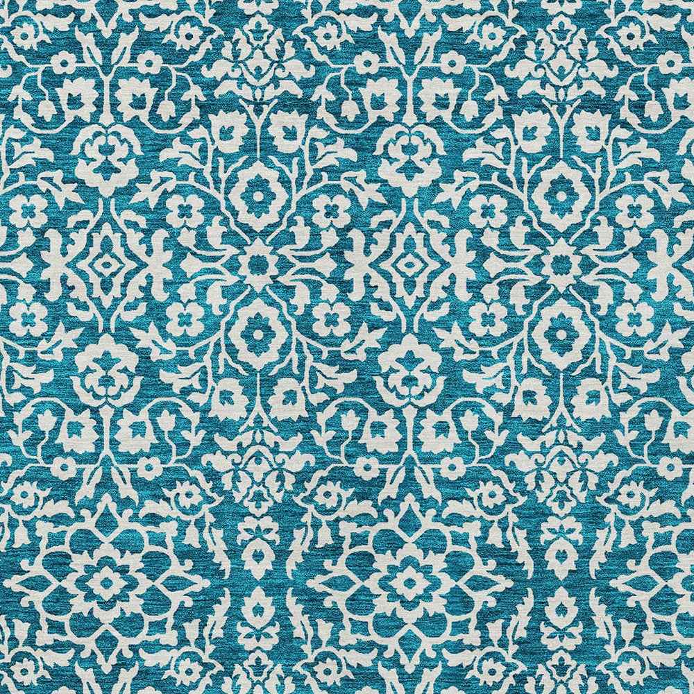 8' X 10' Teal Blue And Ivory Damask Washable Indoor Outdoor Area Rug