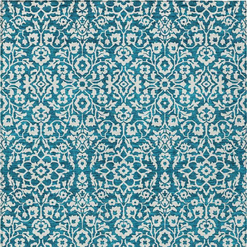 8' X 10' Teal Blue And Ivory Damask Washable Indoor Outdoor Area Rug