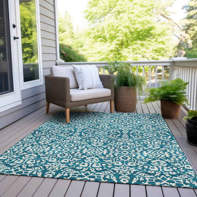 8' X 10' Teal Blue And Ivory Damask Washable Indoor Outdoor Area Rug