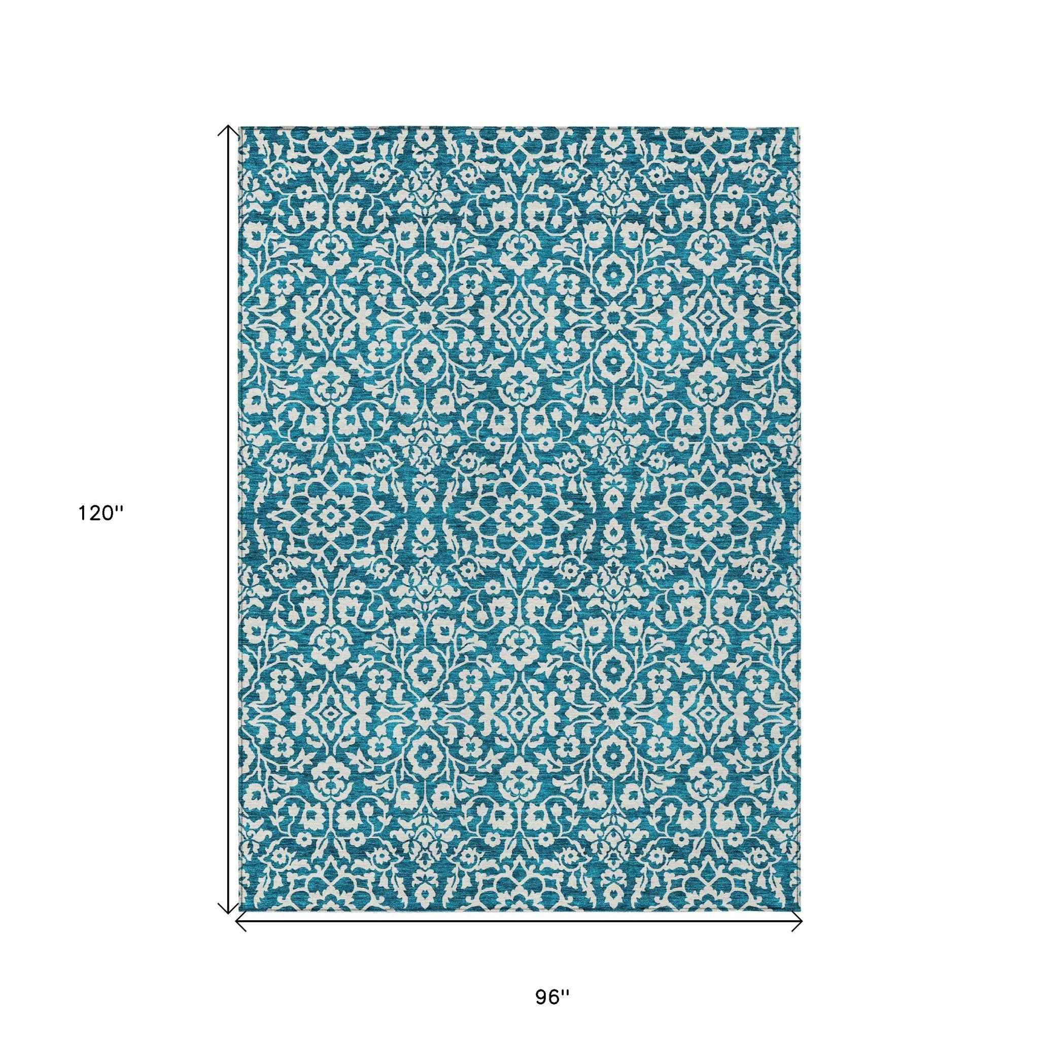 8' X 10' Teal Blue And Ivory Damask Washable Indoor Outdoor Area Rug