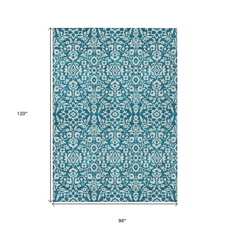 8' X 10' Teal Blue And Ivory Damask Washable Indoor Outdoor Area Rug