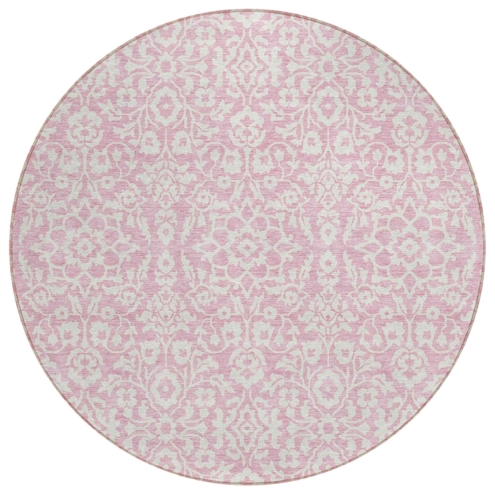 8' Pink And Ivory Round Damask Washable Indoor Outdoor Area Rug