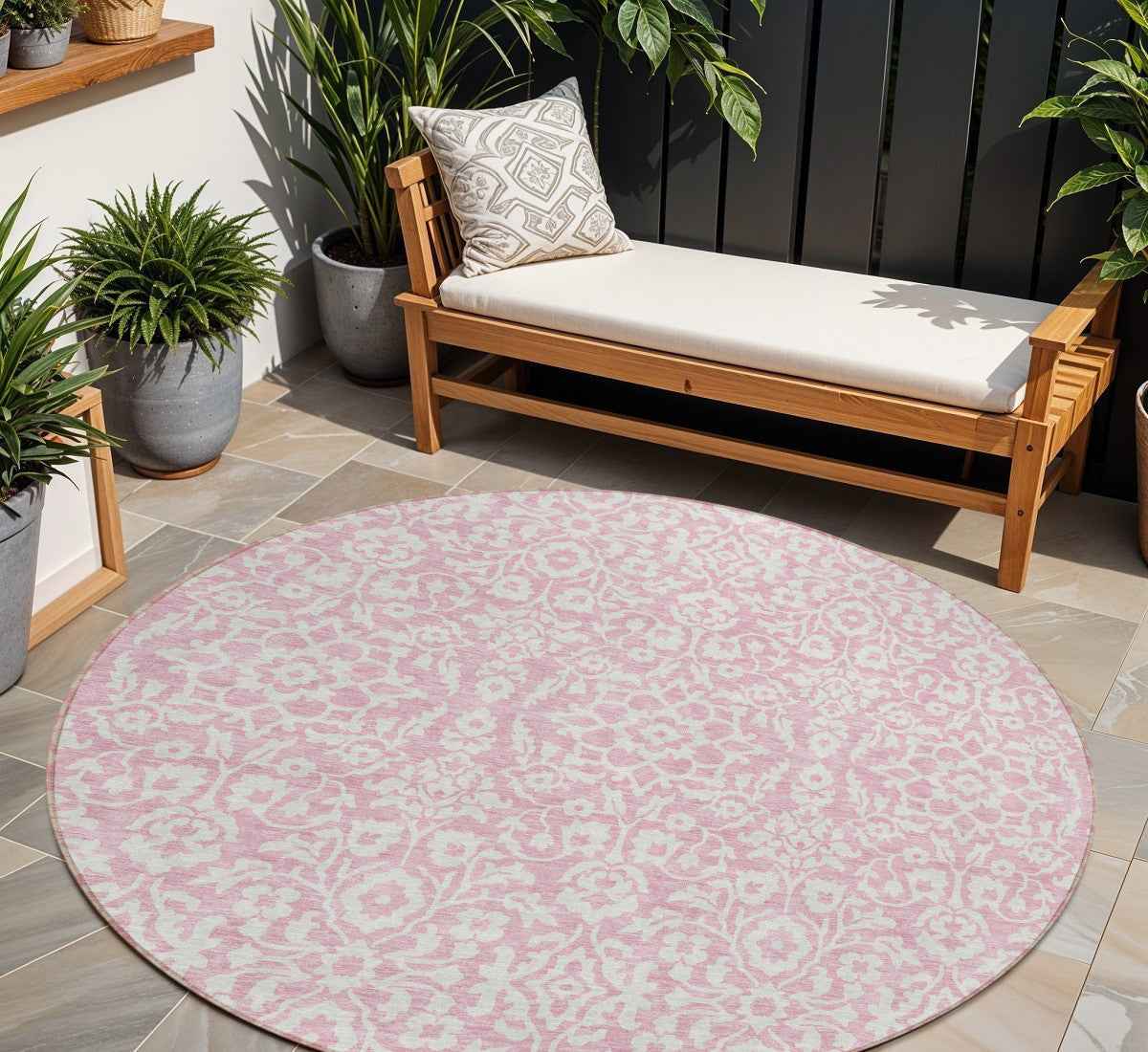 8' Pink And Ivory Round Damask Washable Indoor Outdoor Area Rug