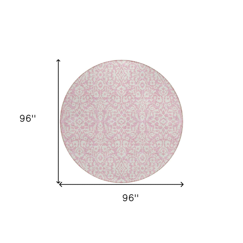 8' Pink And Ivory Round Damask Washable Indoor Outdoor Area Rug
