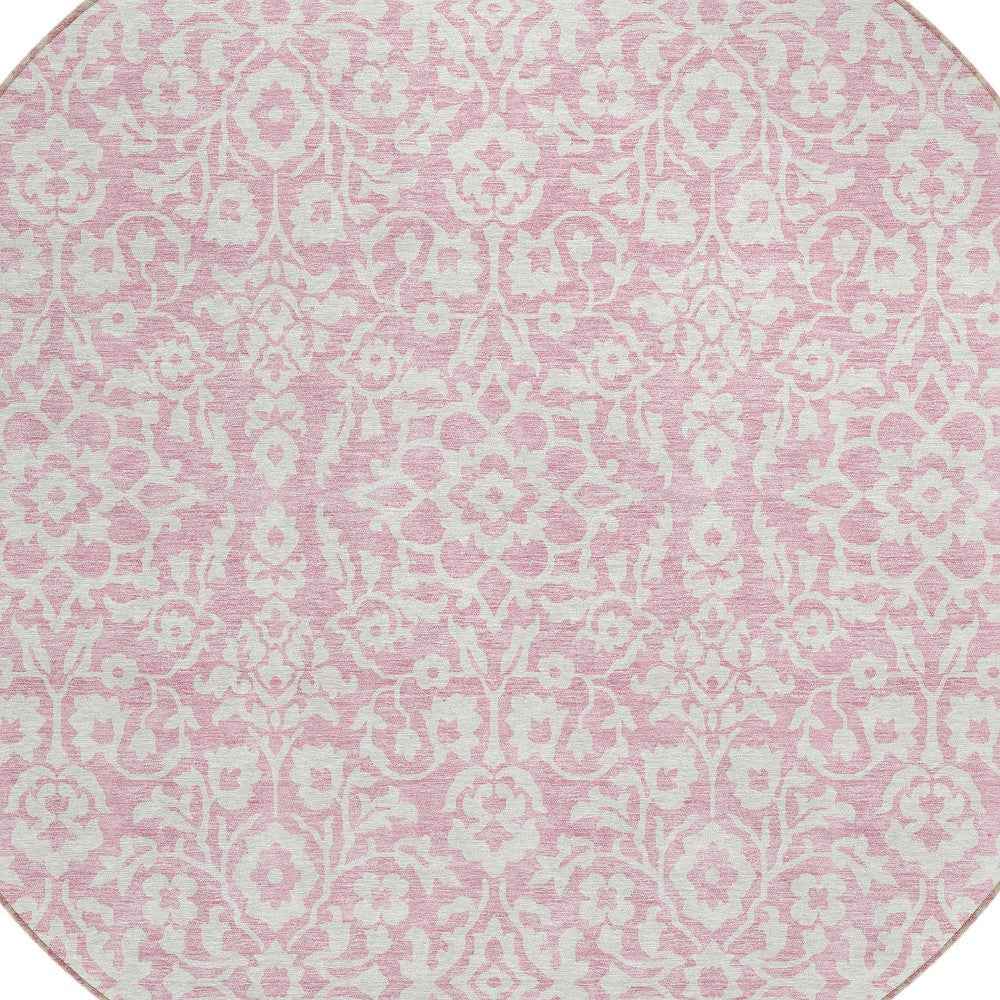 8' Pink And Ivory Round Damask Washable Indoor Outdoor Area Rug