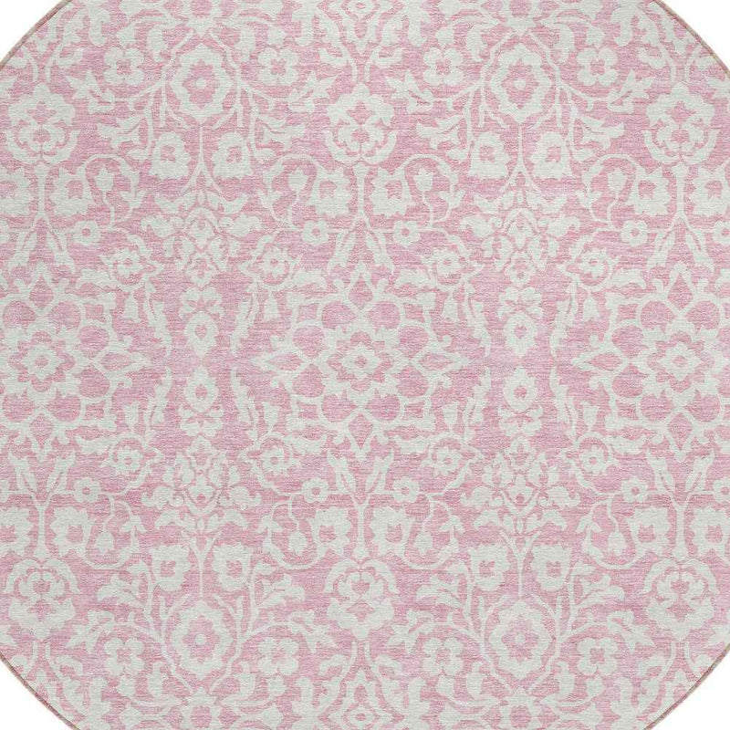 8' Pink And Ivory Round Damask Washable Indoor Outdoor Area Rug
