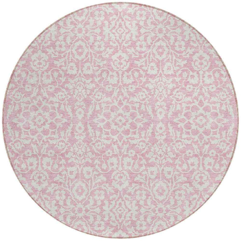 8' Pink And Ivory Round Damask Washable Indoor Outdoor Area Rug