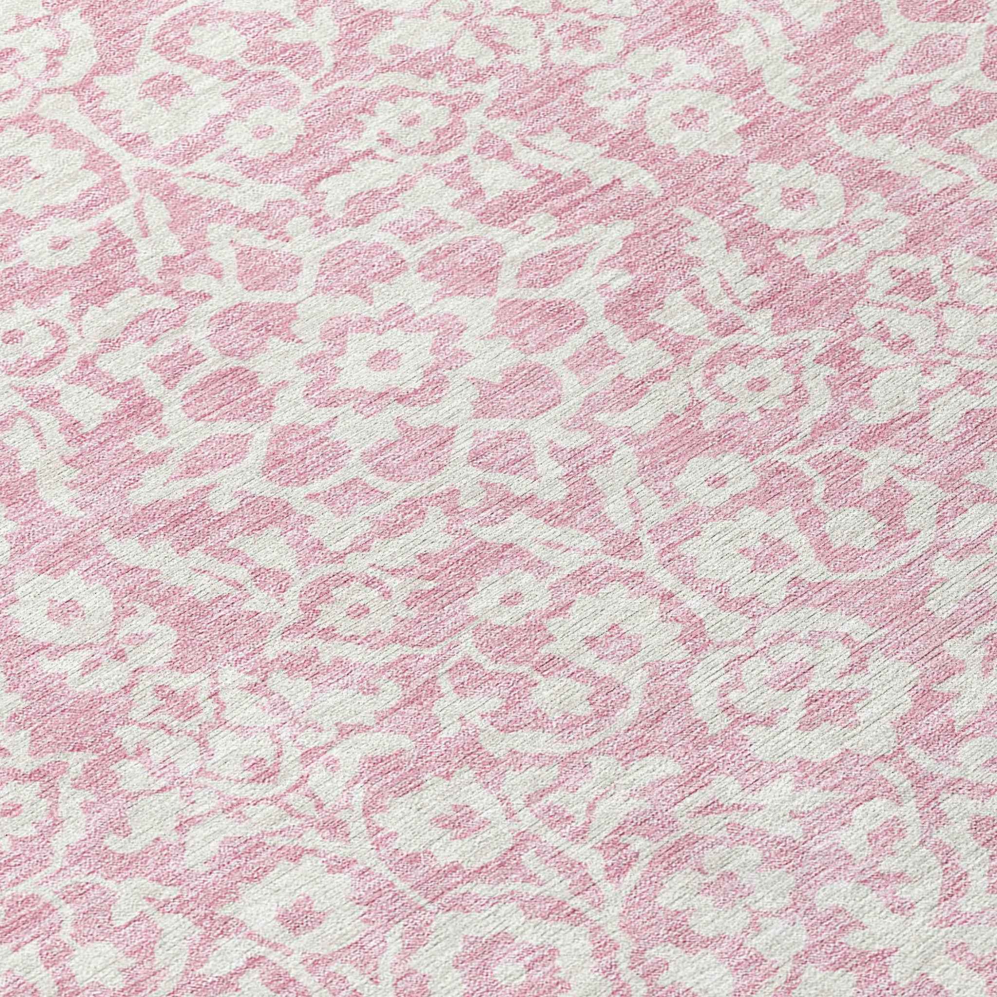8' Pink And Ivory Round Damask Washable Indoor Outdoor Area Rug