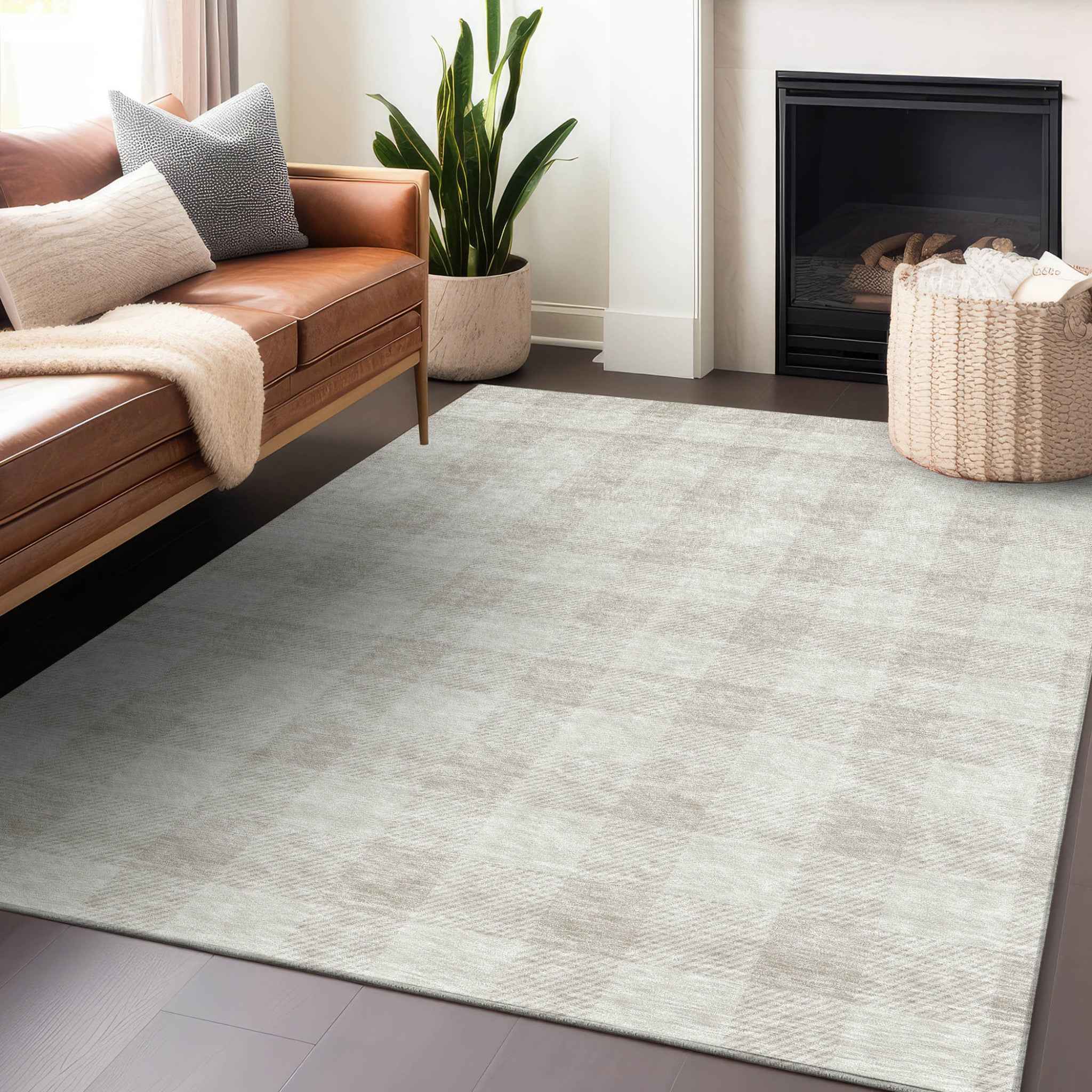 5' X 8' Ivory And Beige Plaid Washable Indoor Outdoor Area Rug