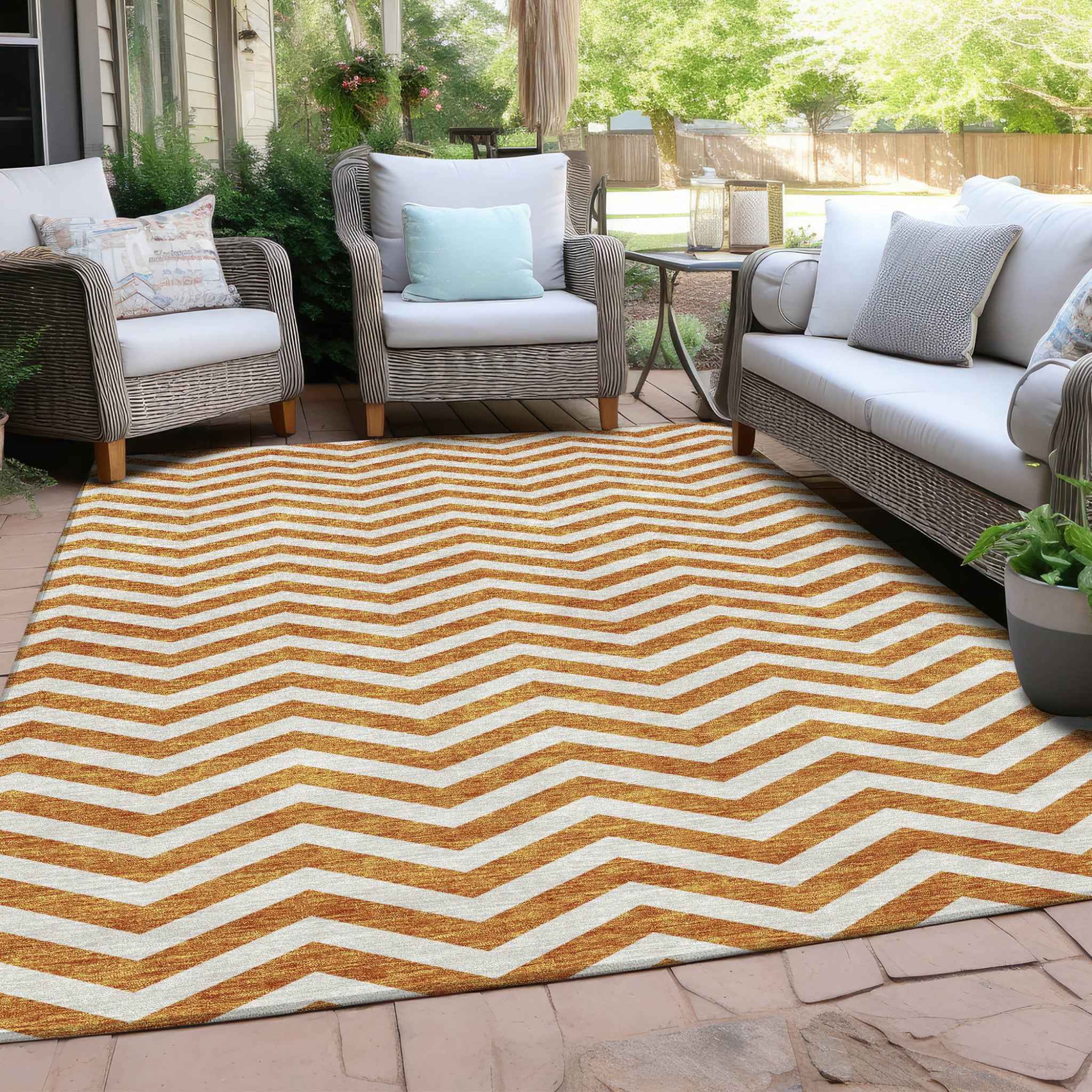5' X 8' Orange And Beige Chevron Washable Indoor Outdoor Area Rug