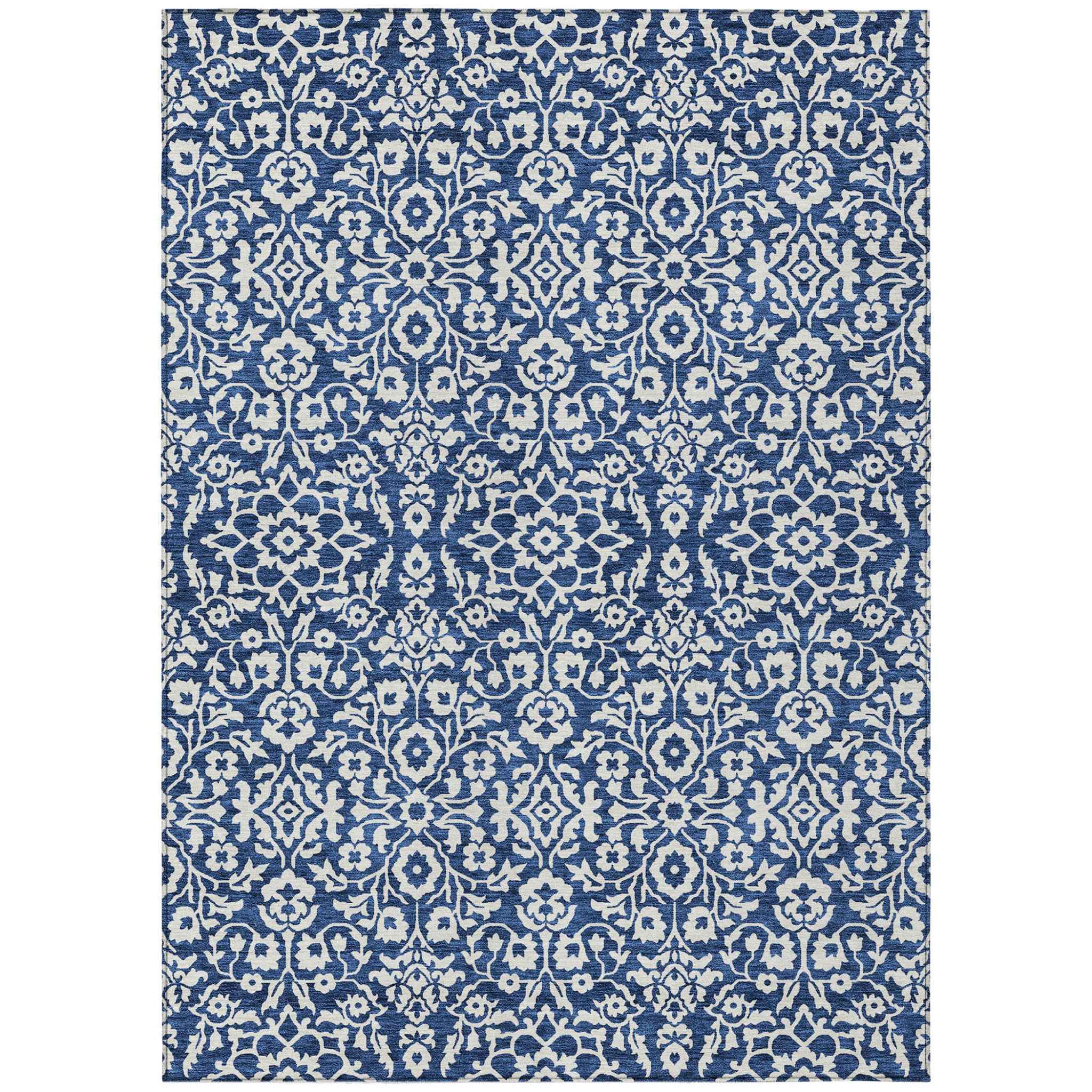 8' X 10' Navy Blue And Ivory Damask Washable Indoor Outdoor Area Rug