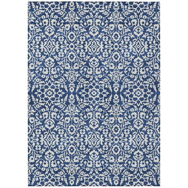 8' X 10' Navy Blue And Ivory Damask Washable Indoor Outdoor Area Rug