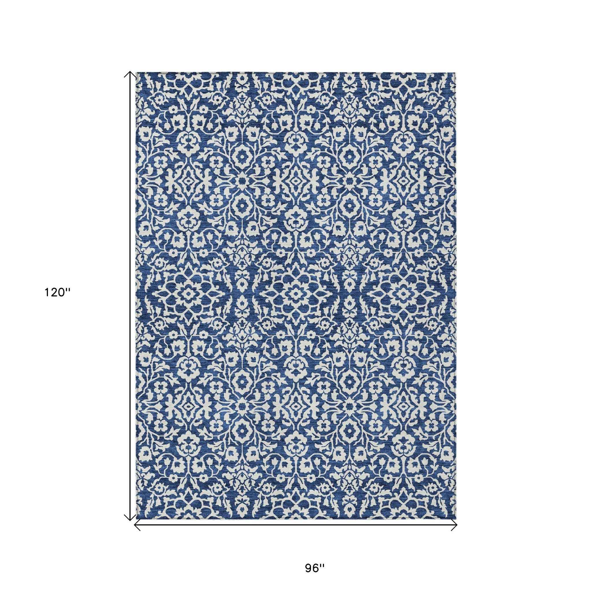 8' X 10' Navy Blue And Ivory Damask Washable Indoor Outdoor Area Rug