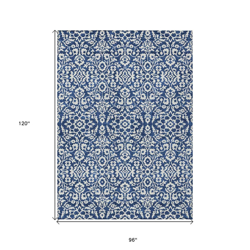8' X 10' Navy Blue And Ivory Damask Washable Indoor Outdoor Area Rug