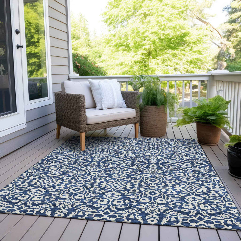 8' X 10' Navy Blue And Ivory Damask Washable Indoor Outdoor Area Rug