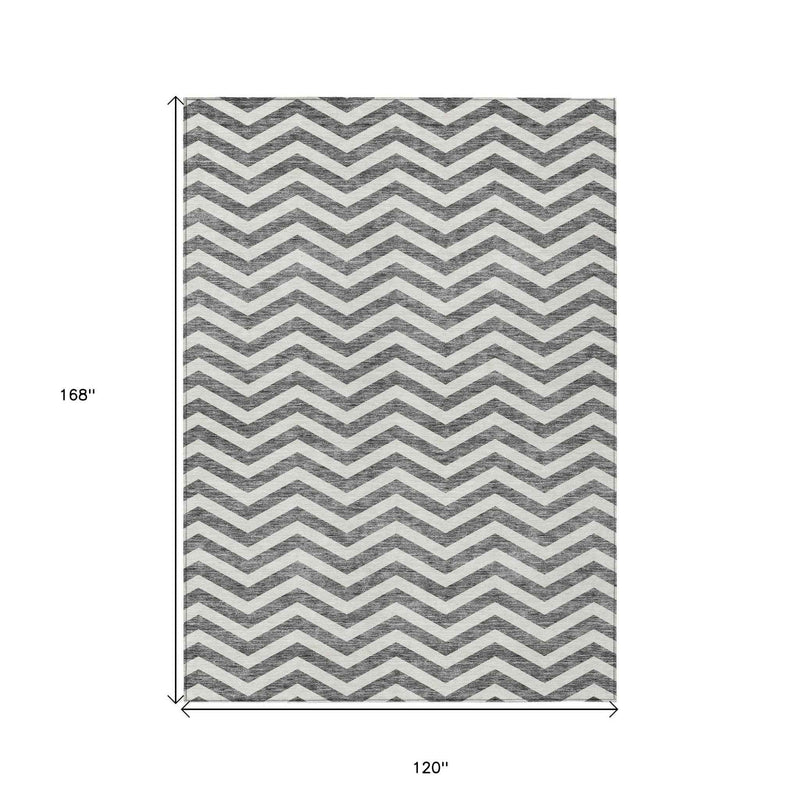 10' X 14' Gray And Ivory Chevron Washable Indoor Outdoor Area Rug