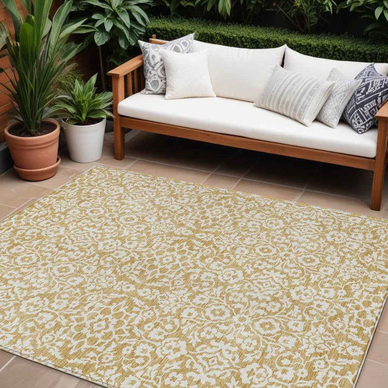 8' X 10' Gold And Beige Damask Washable Indoor Outdoor Area Rug