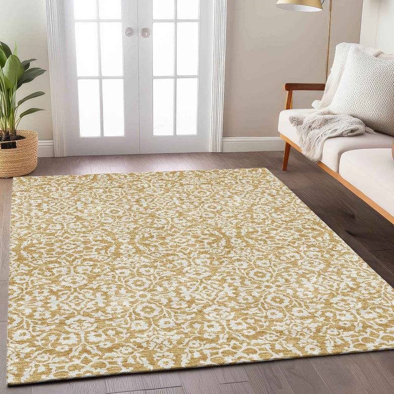 8' X 10' Gold And Beige Damask Washable Indoor Outdoor Area Rug