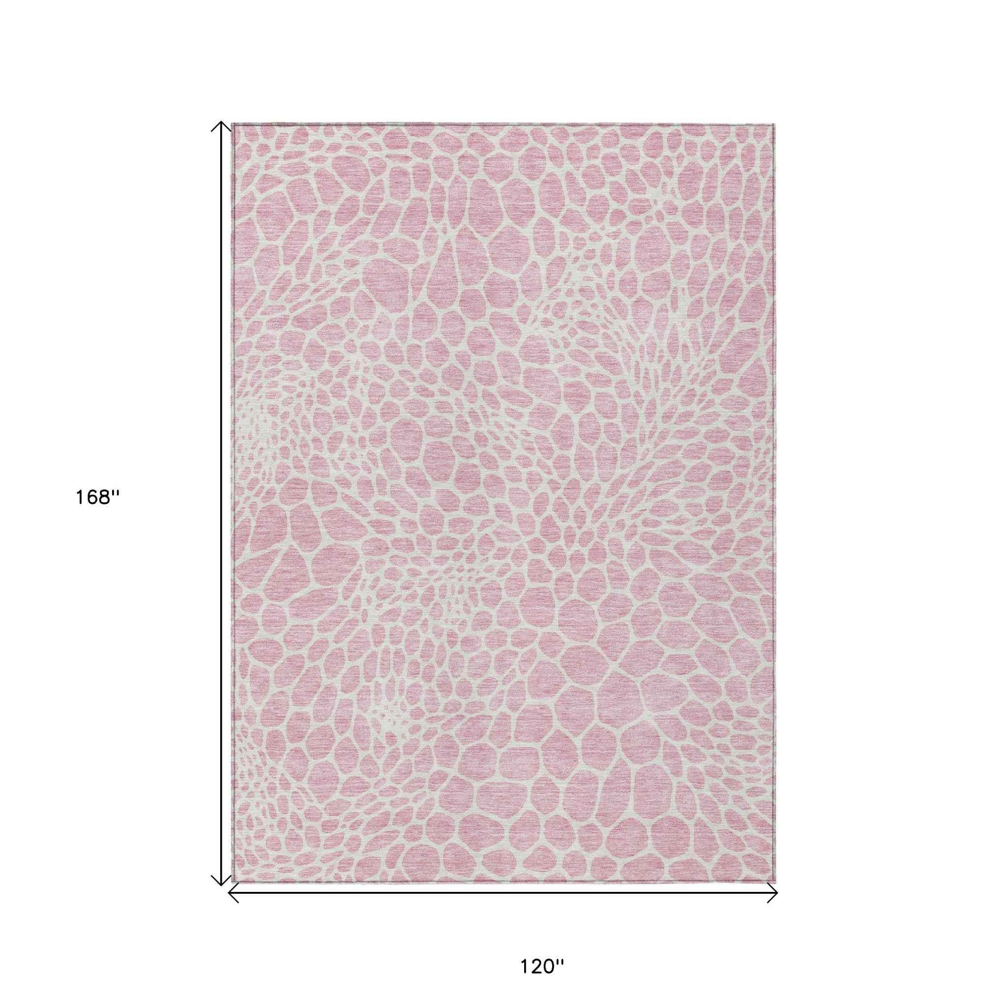 10' X 14' Pink And Ivory Geometric Washable Indoor Outdoor Area Rug