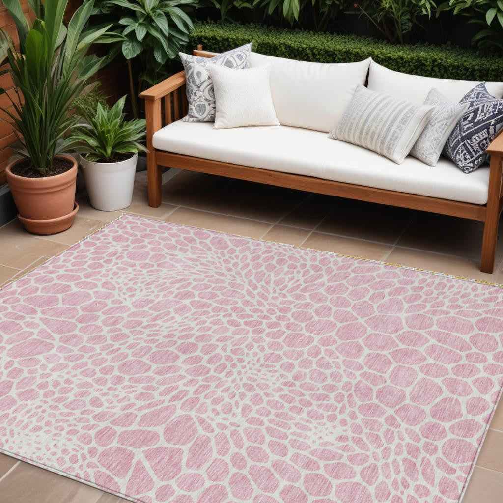 10' X 14' Pink And Ivory Geometric Washable Indoor Outdoor Area Rug