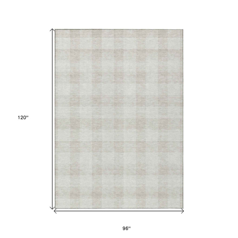 8' X 10' Ivory And Beige Plaid Washable Indoor Outdoor Area Rug