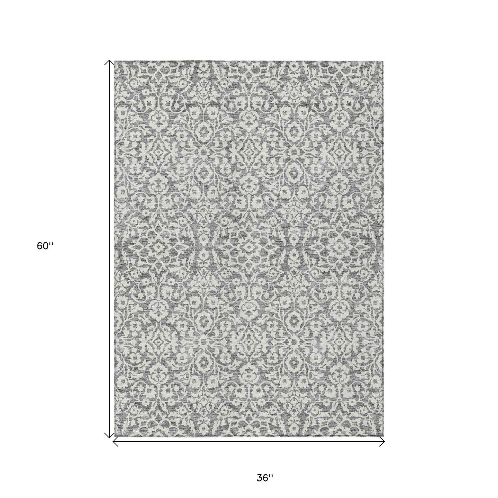 3' X 5' Gray And Ivory Damask Washable Indoor Outdoor Area Rug